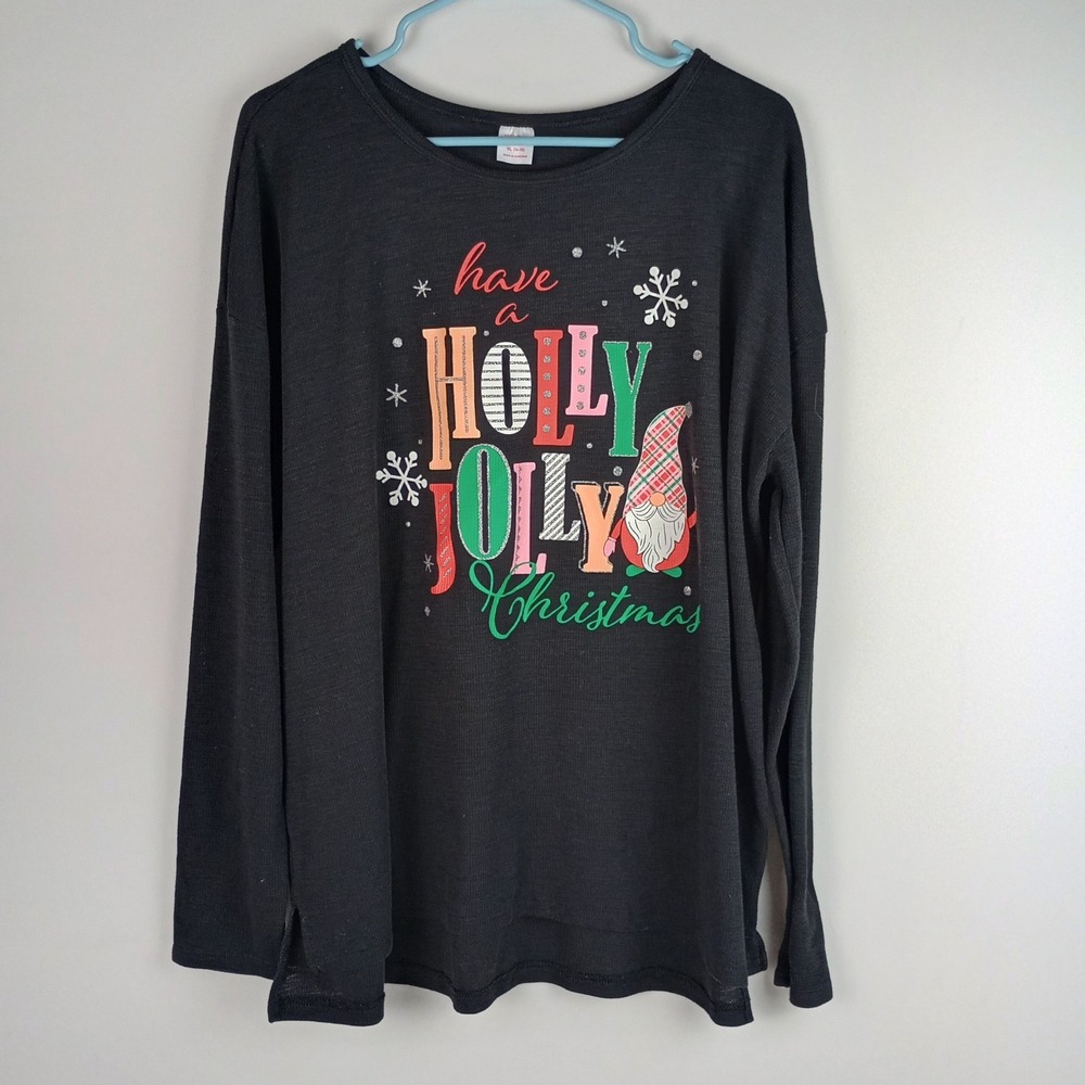 Holiday Time Womens XL Black Long Sleeve Gnome Graphic Holly Jolly Christmas Top